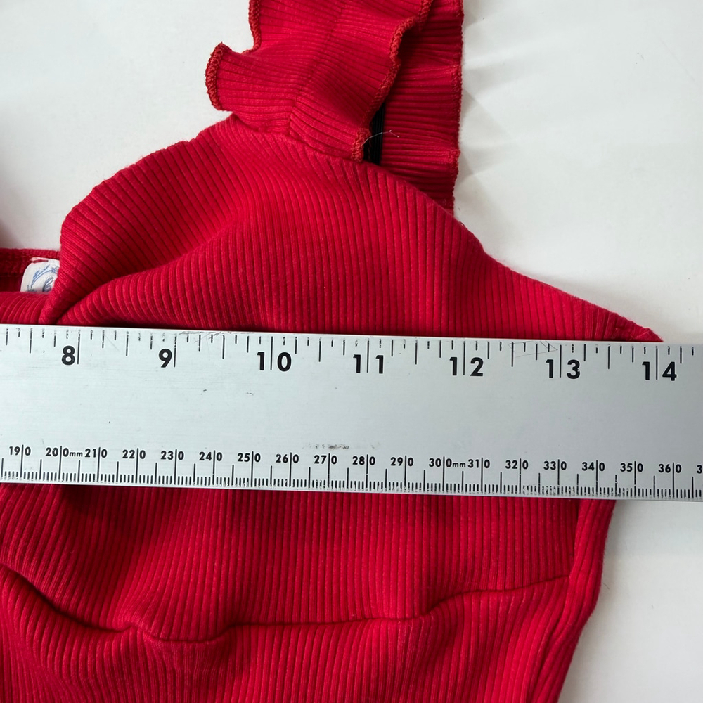Francesca’s Red Ribbed Ruffle Strap Bodysuit XL Valentine Romantic Stretch - Picture 4 of 10